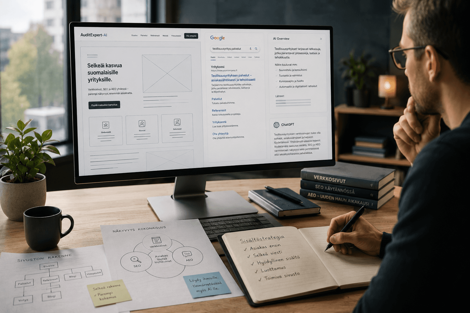 Workspace illustrating the relationship between a website, search visibility and AI-powered discovery